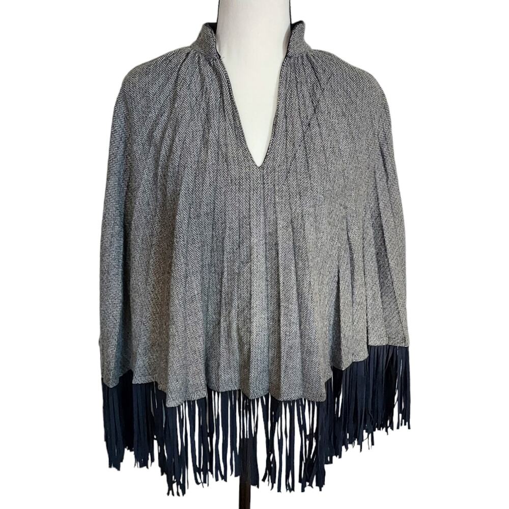 Komarov Fringed V Neck Black White Herringbone Poncho Cape Women One Size